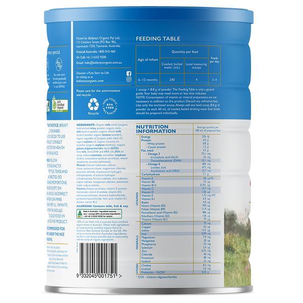 Sữa bột Bellamy's Organic số 1 Organic Infant Formula của Úc cho trẻ từ 0 đến 6 tháng hộp 900g