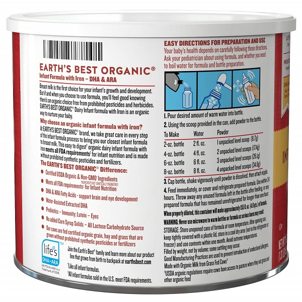 Sữa Earth's Best Organic Dairy Infant Formula With Iron của Mỹ cho trẻ từ 0 đến 12 tháng hộp 595g