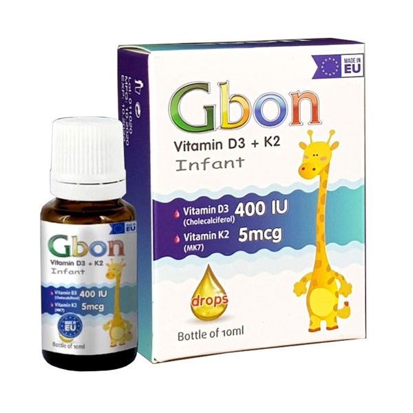 Vitamin D3 và K2 dạng siro Gbon Vitamin D3 + K2 Infant của Ba Lan hỗ trợ tăng cường hấp thu canxi lọ 10ml