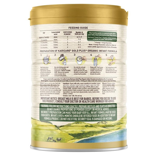 Sữa hữu cơ Karicare Gold Plus Organic số 1 của Úc cho trẻ từ 0 đến 6 tháng hộp 900g