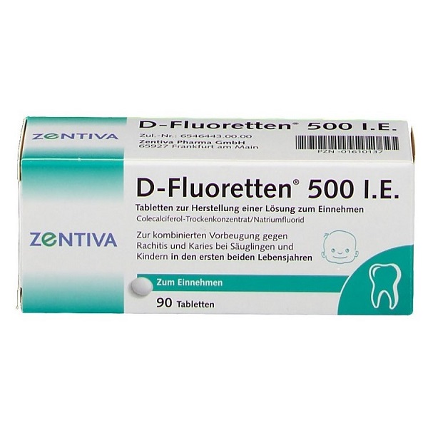 Vitamin D-Fluoretten 500 I.E cho trẻ từ 0 - 2 tuổi, hộp 90 viên